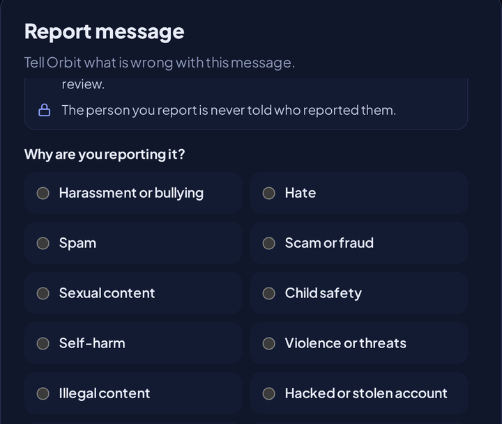 The Report message dialog with a list of reasons.