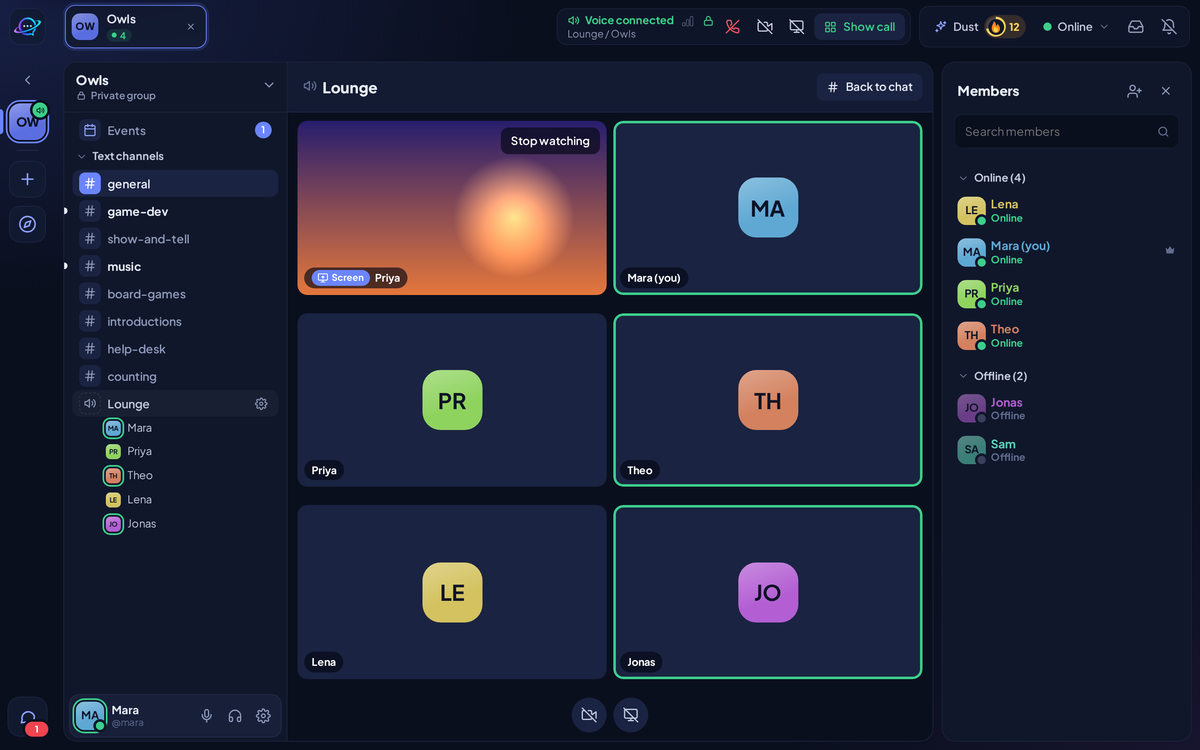 A voice call in Orbit on desktop: a shared screen and five people, with speaking rings.