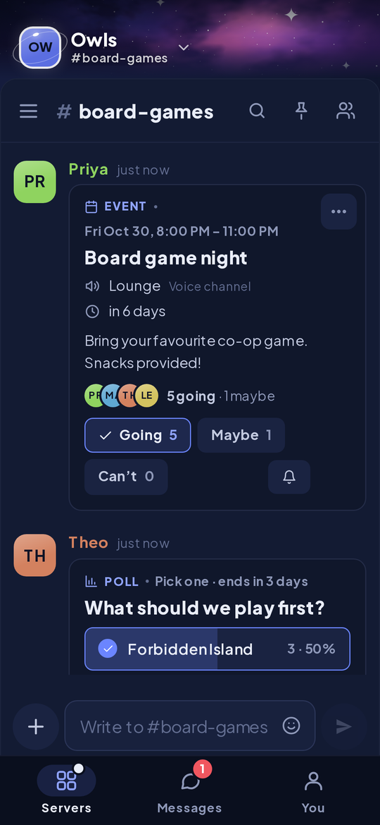 An event card for a board game night with RSVPs, and a poll with live votes.