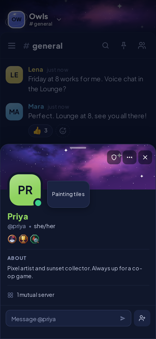 A profile card with a space banner, pronouns, a status and three badges.